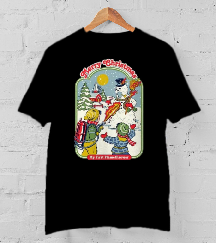 Merry Christmas My First Flamethrower Vintage Snowman Scene T-Shirt