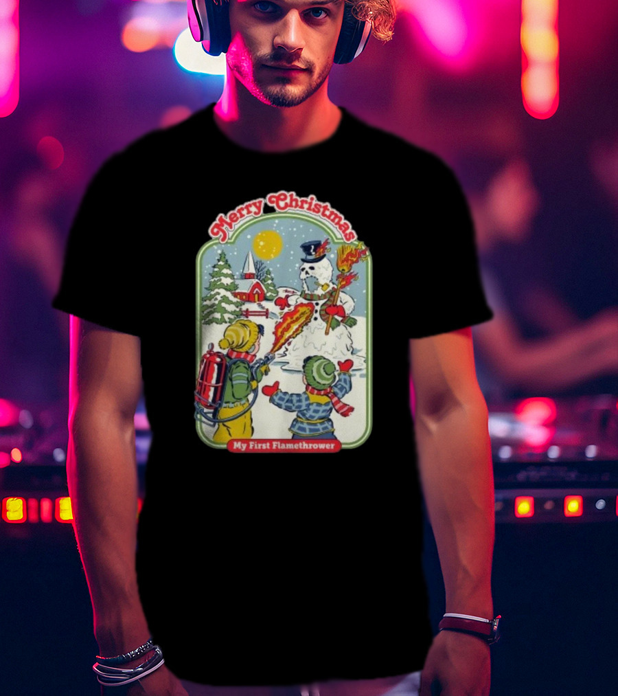 Merry Christmas My First Flamethrower Vintage Snowman Scene T-Shirt