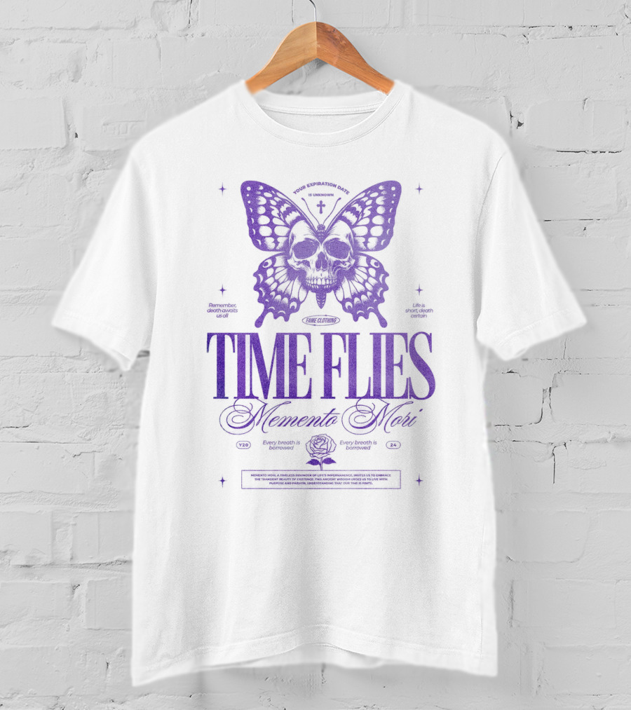 TIME FLIES Memento Mori Butterfly Skull T-Shirt