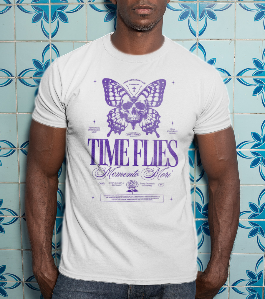 TIME FLIES Memento Mori Butterfly Skull T-Shirt
