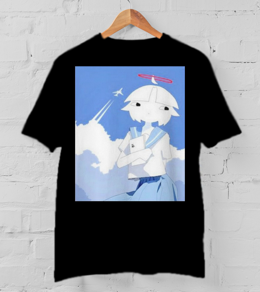 Chew’s District Clowdy Angelic Character Holding Notebook In Blue Sky With Airplane T-Shirt