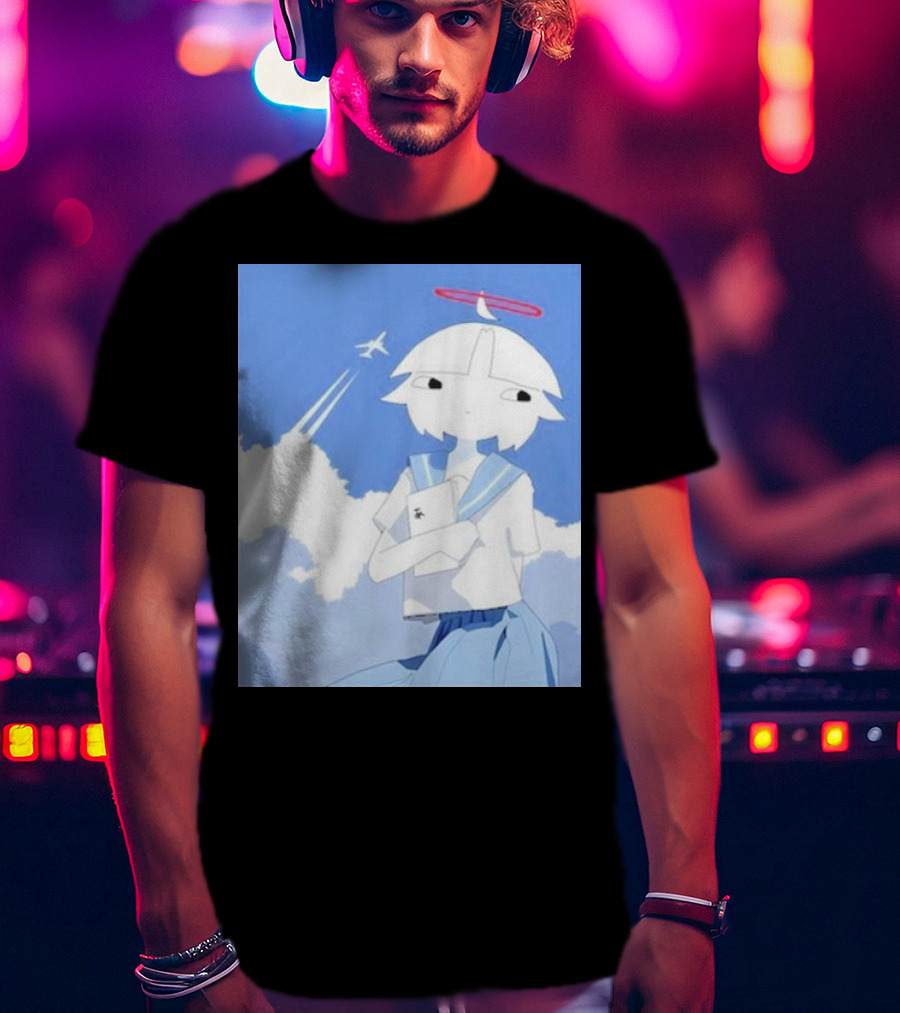 Chew’s District Clowdy Angelic Character Holding Notebook In Blue Sky With Airplane T-Shirt