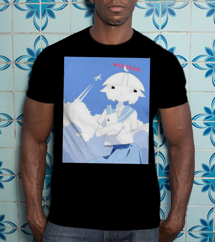 Chew’s District Clowdy Angelic Character Holding Notebook In Blue Sky With Airplane T-Shirt