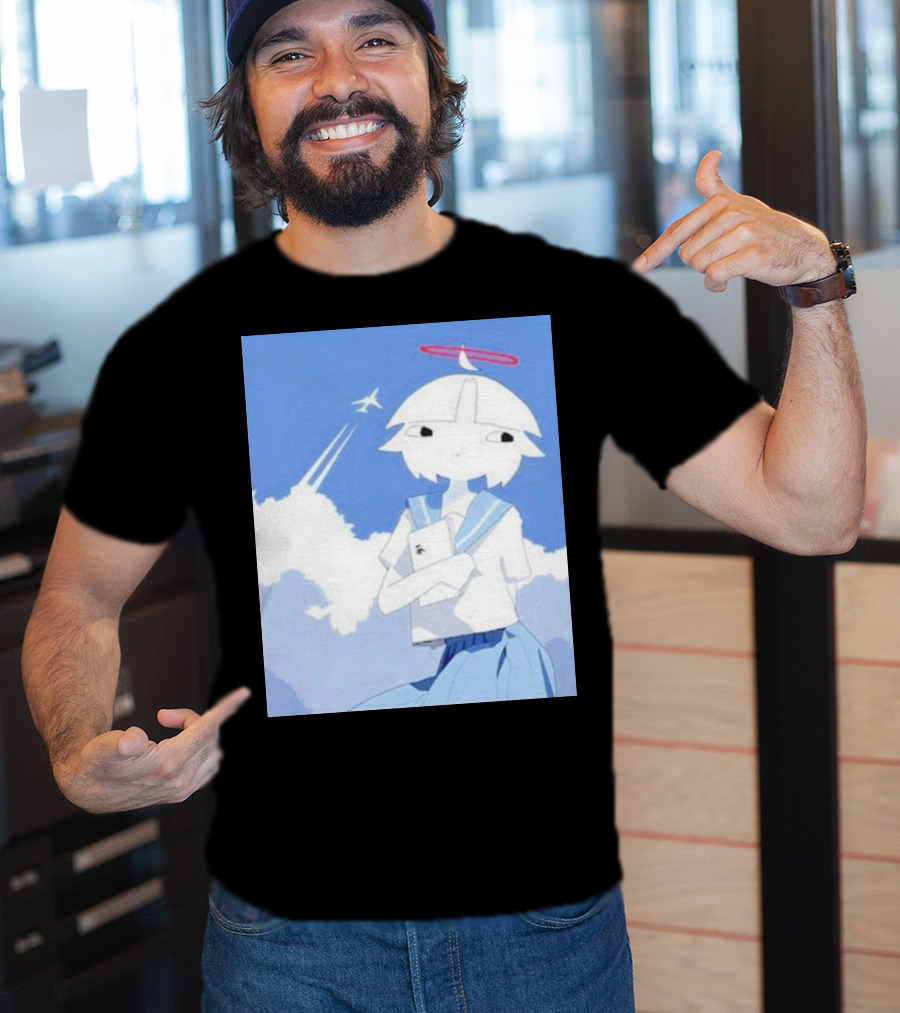 Chew’s District Clowdy Angelic Character Holding Notebook In Blue Sky With Airplane T-Shirt