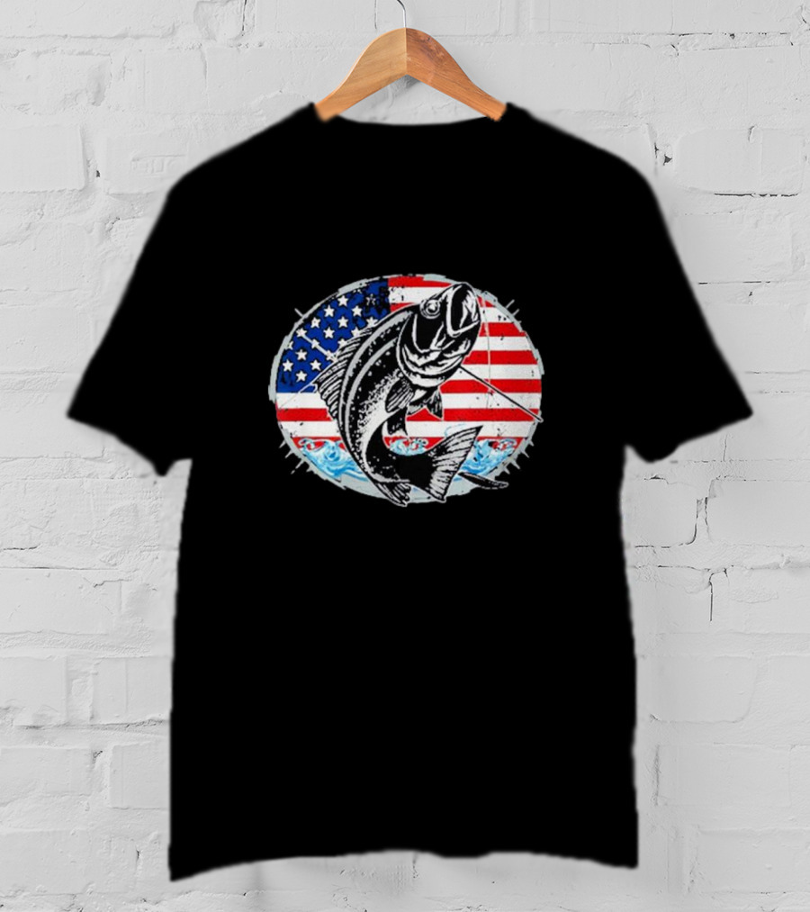 Fishing Lovers American Flag Bass Catch Waves Patriotic T-Shirt