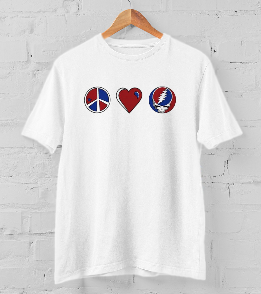 Love Peace Grateful Dead Skull Red And Blue Icons T-Shirt