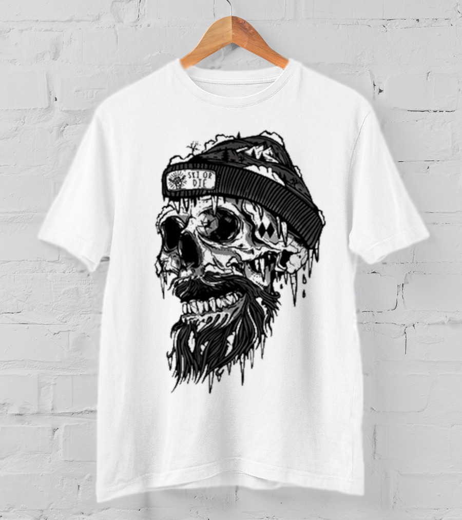 Skull Wild Ski Or Die Ice Beard Beanie Adventure T-Shirt