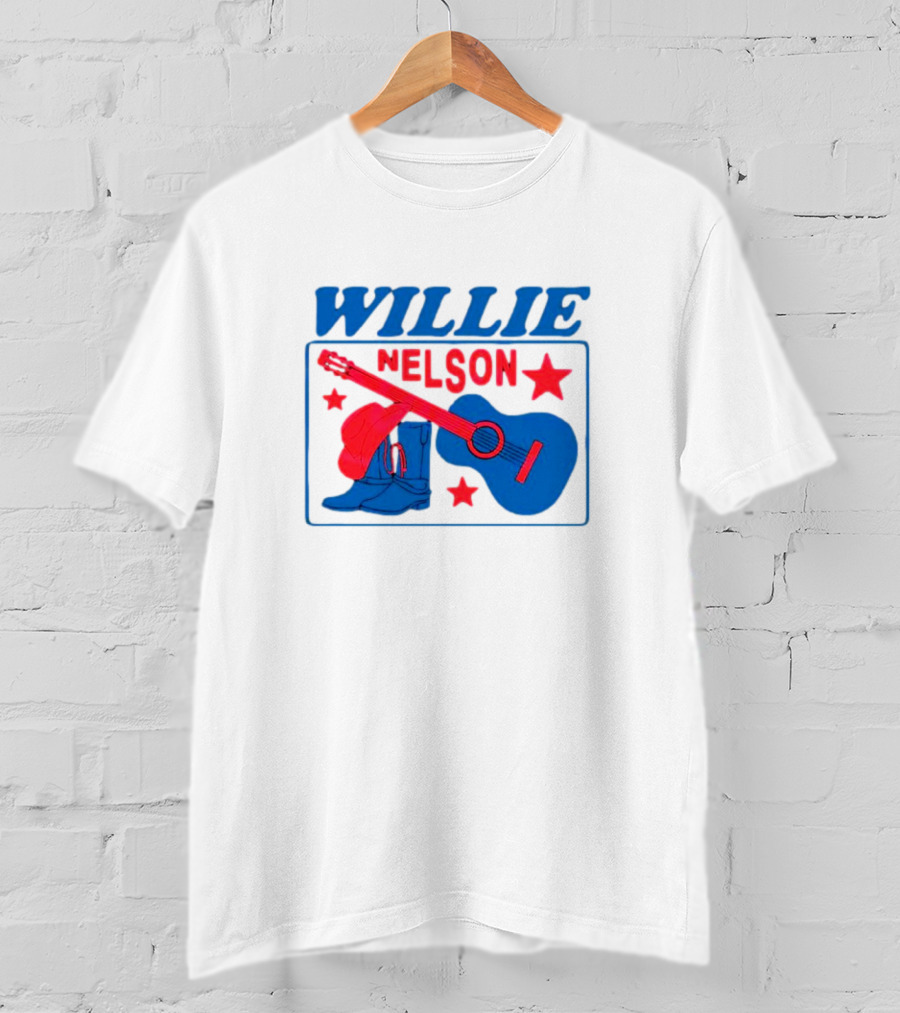 WILLIE NELSON Guitar Cowboy Boots Hat Stars T-Shirt