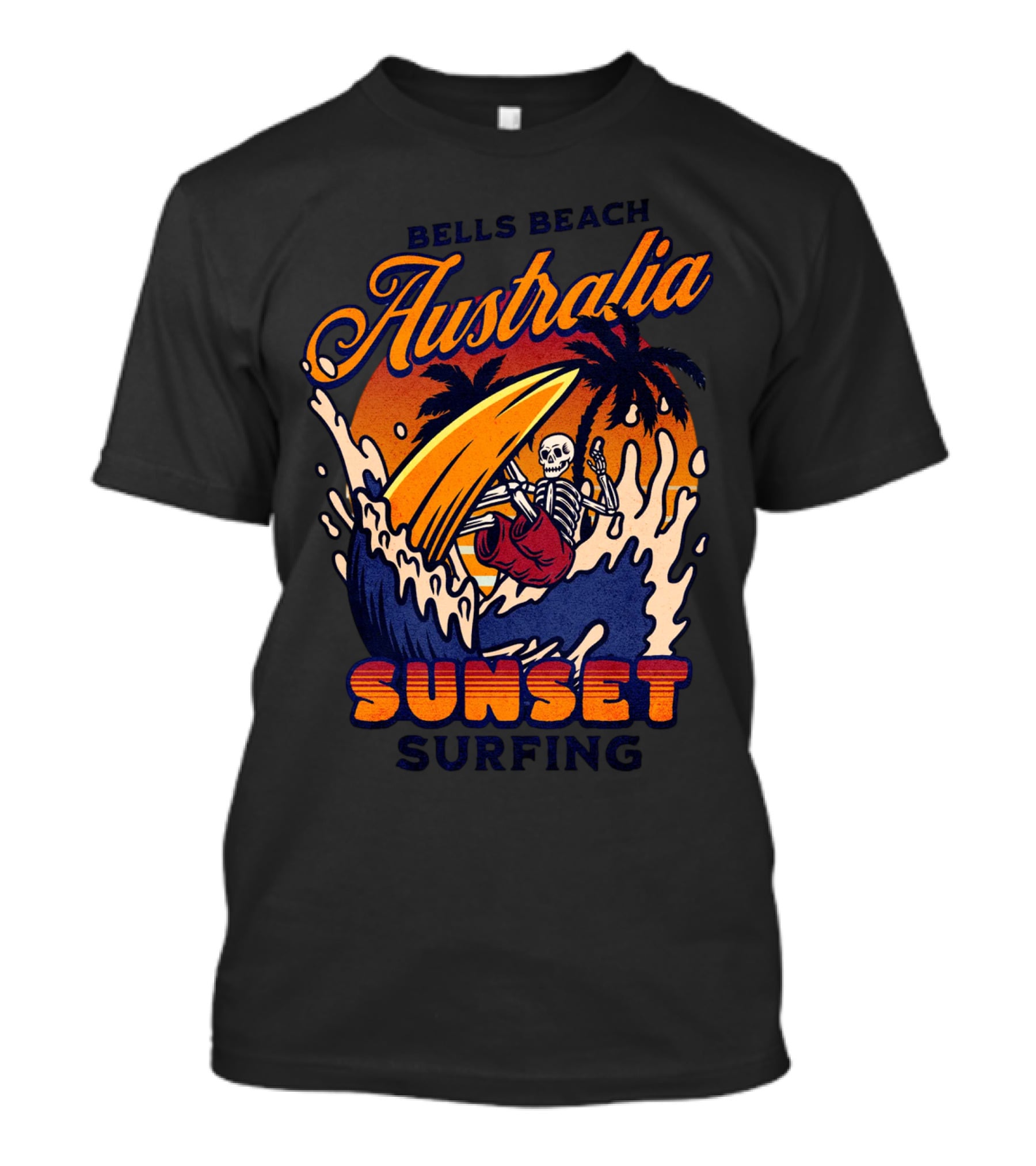 Bells Beach Australia Sunset Surfing Skeleton On Wave With Palm Trees T-Shirt