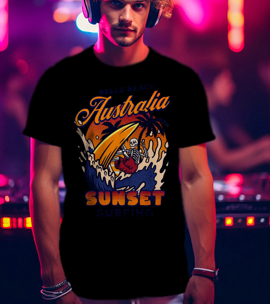 Bells Beach Australia Sunset Surfing Skeleton On Wave With Palm Trees T-Shirt
