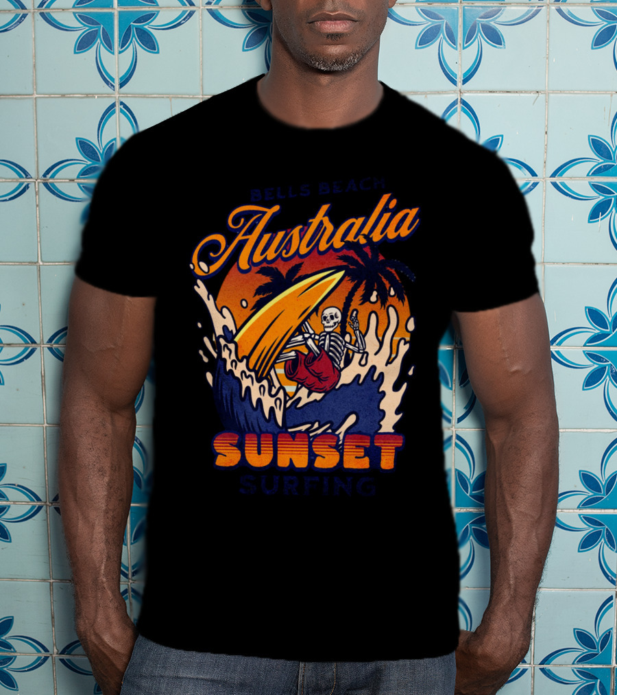 Bells Beach Australia Sunset Surfing Skeleton On Wave With Palm Trees T-Shirt