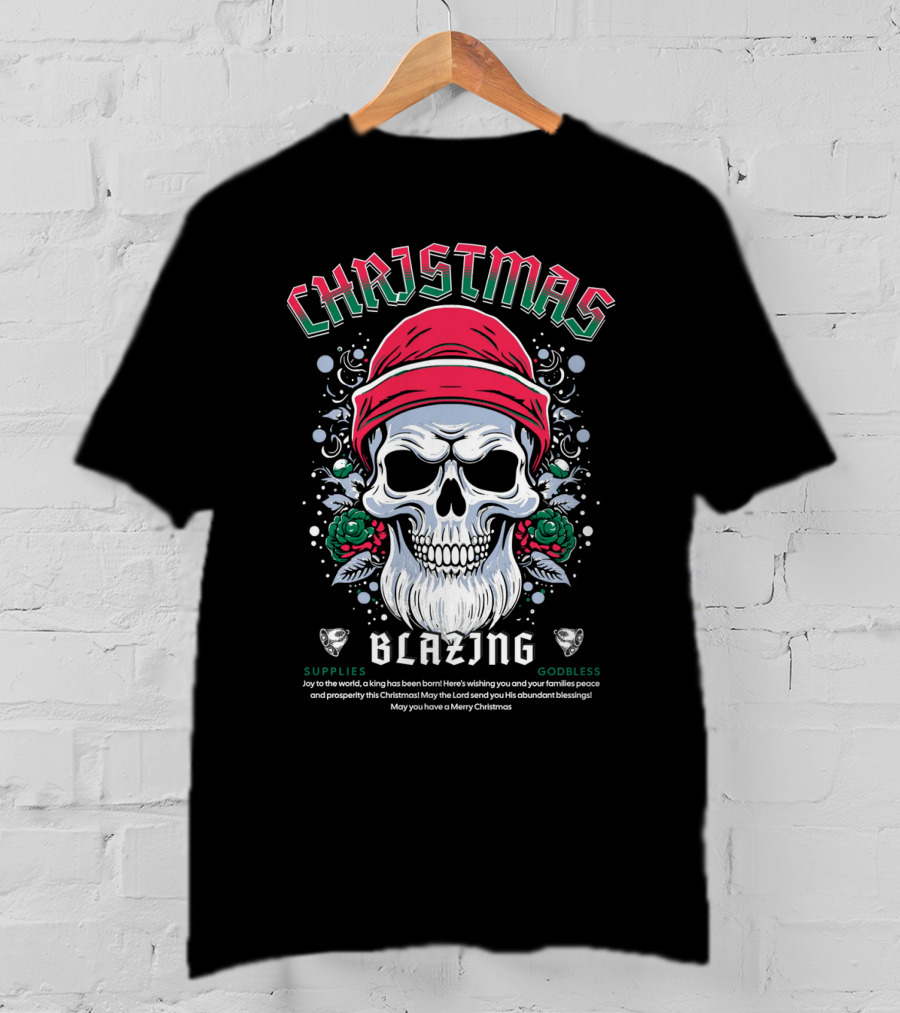 CHAJISMIS Blazing Skull Joy To The World Merry Christmas T-Shirt