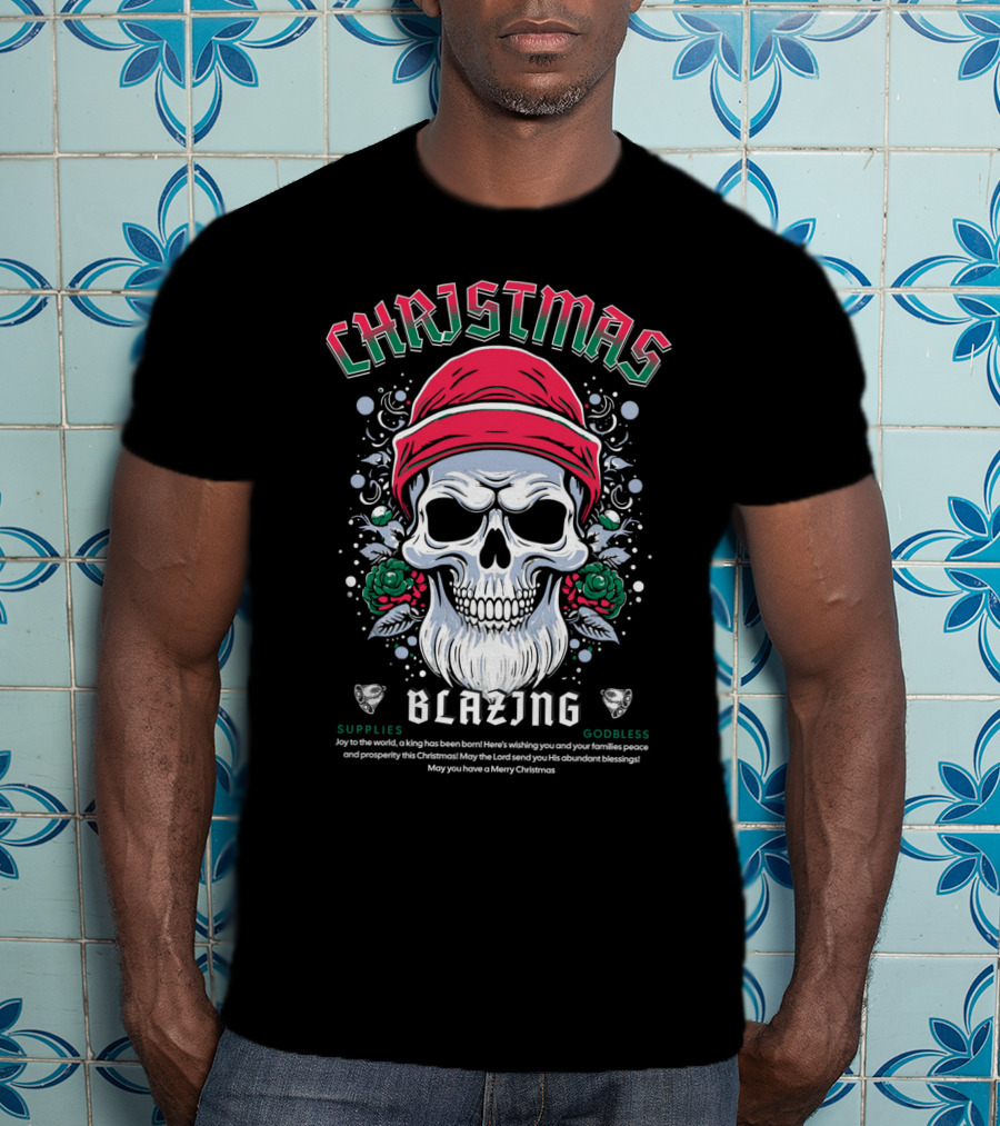 CHAJISMIS Blazing Skull Joy To The World Merry Christmas T-Shirt
