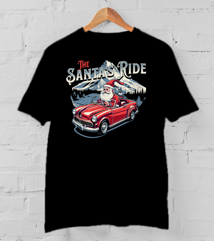 The Santa's Ride With Classic Red Convertible In Winter Mountain Scene T-Shirt