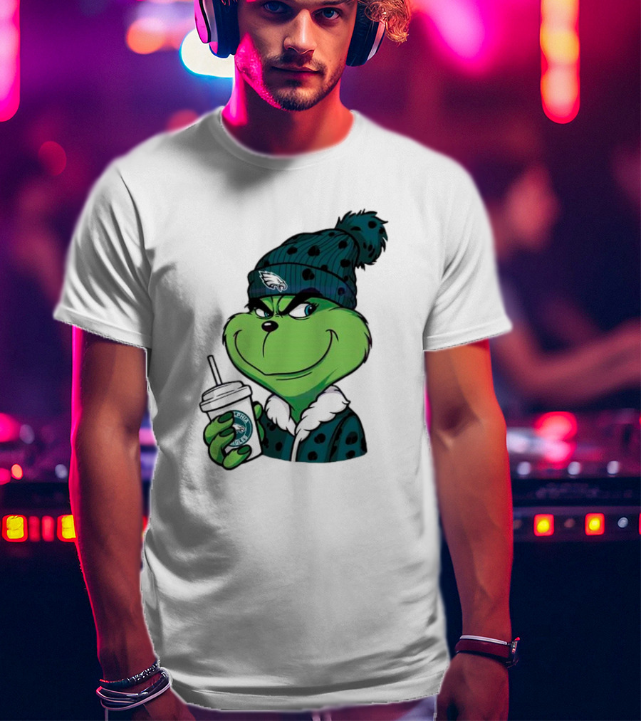 Grinch Holding Cup Wearing Philadelphia Eagles Beanie T-Shirt