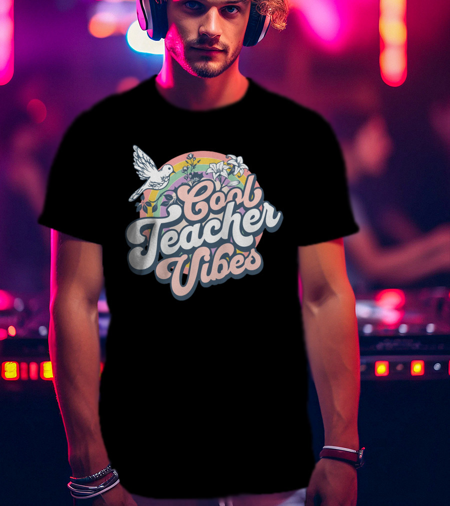 Cool Teacher Vibes Retro Rainbow Floral Design With Dove T-Shirt