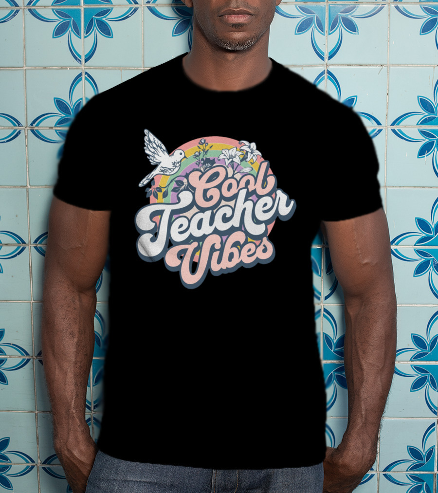 Cool Teacher Vibes Retro Rainbow Floral Design With Dove T-Shirt