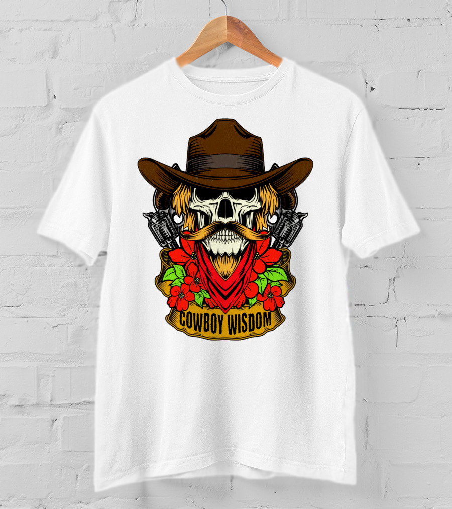 Cowboy Wisdom Skull Western Skeleton Bandana Pistols Flowers T-Shirt