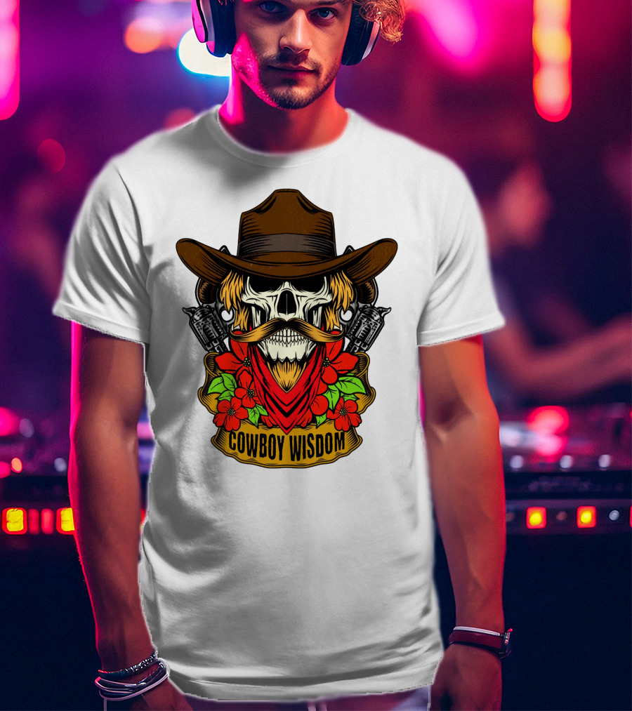 Cowboy Wisdom Skull Western Skeleton Bandana Pistols Flowers T-Shirt