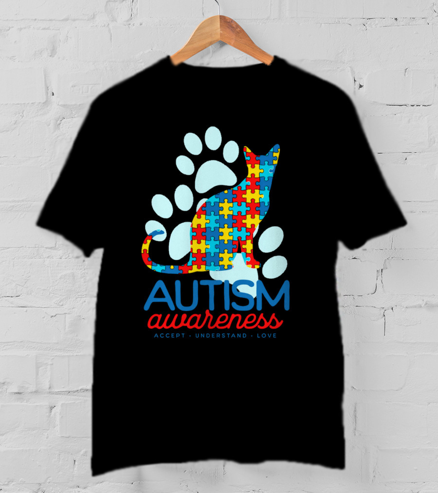 Autism Awareness Accept Understand Love Puzzle Cat Paw T-Shirt