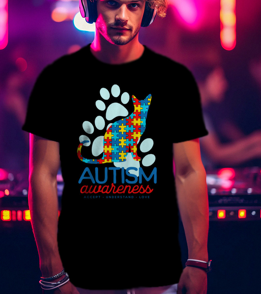 Autism Awareness Accept Understand Love Puzzle Cat Paw T-Shirt