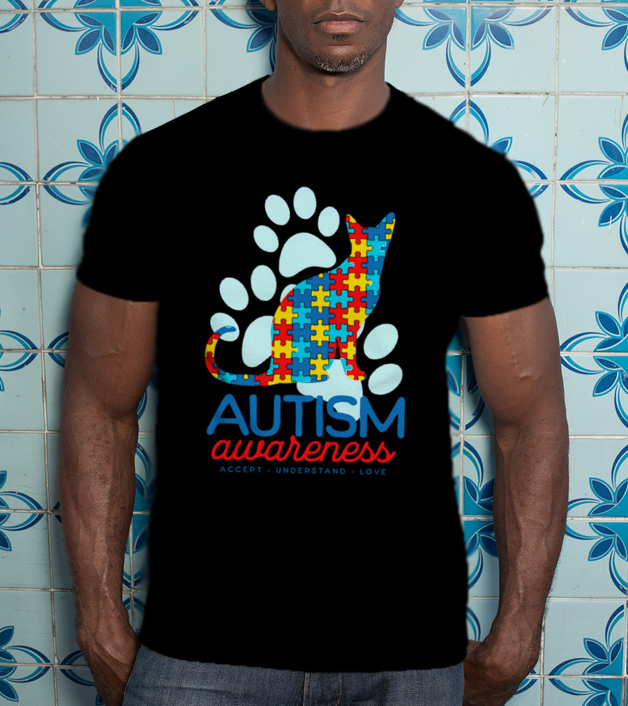 Autism Awareness Accept Understand Love Puzzle Cat Paw T-Shirt
