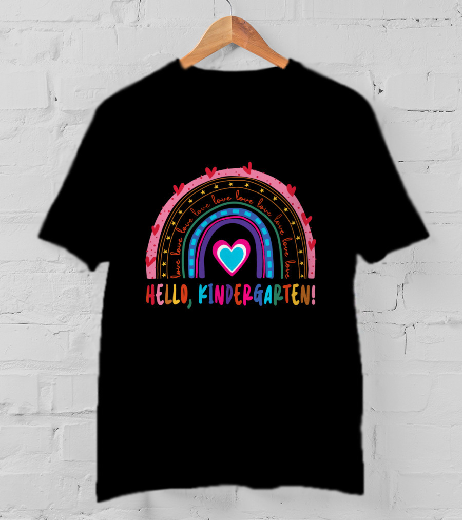 Hello Kindergarten Love Rainbow Hearts Back To School T-Shirt