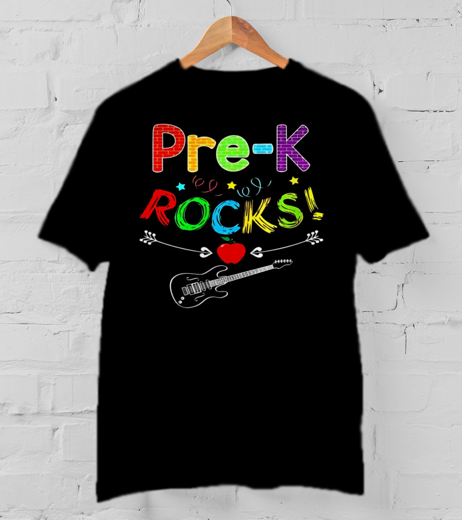 Pre-K Rocks Funny Kids Teachers Back To School With Guitar And Apple T-Shirt