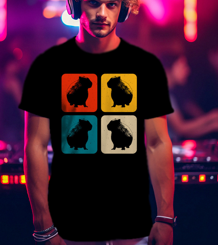 Vintage Capybara Pop Art Silhouette Four Colors Squares T-Shirt