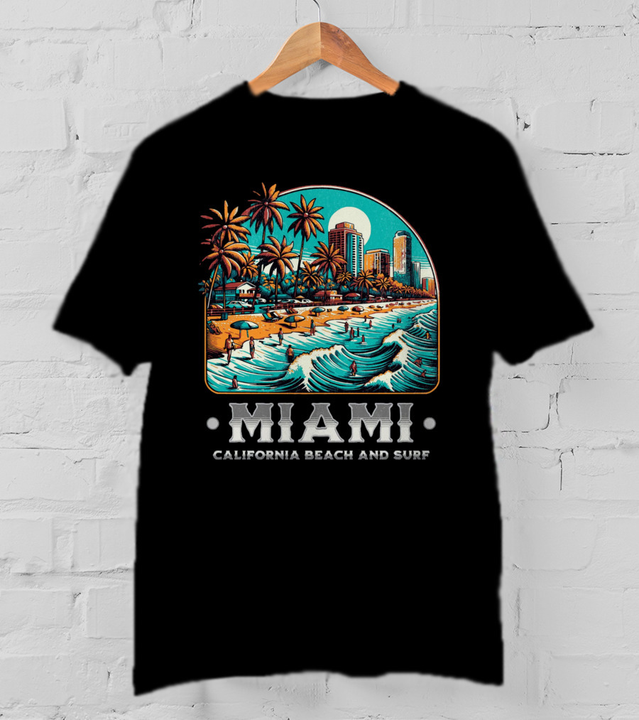 Miami Beach And Surf California Palm Skyline Ocean Waves T-Shirt