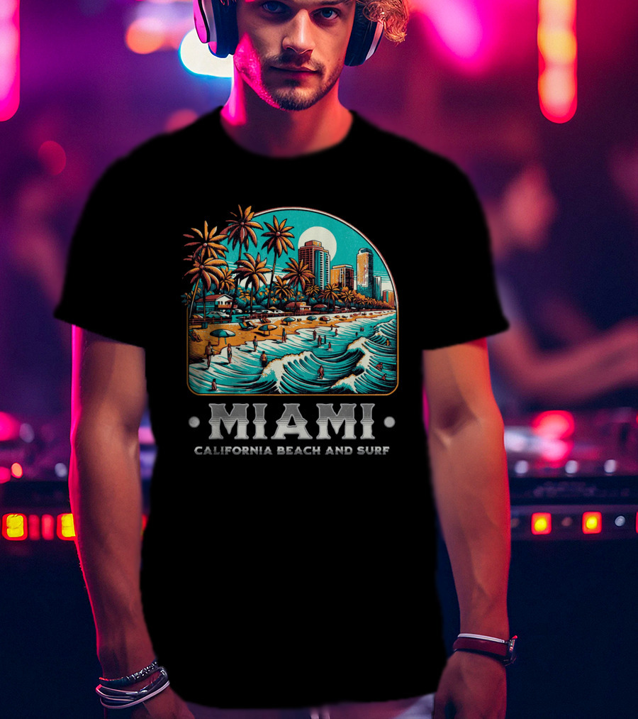 Miami Beach And Surf California Palm Skyline Ocean Waves T-Shirt