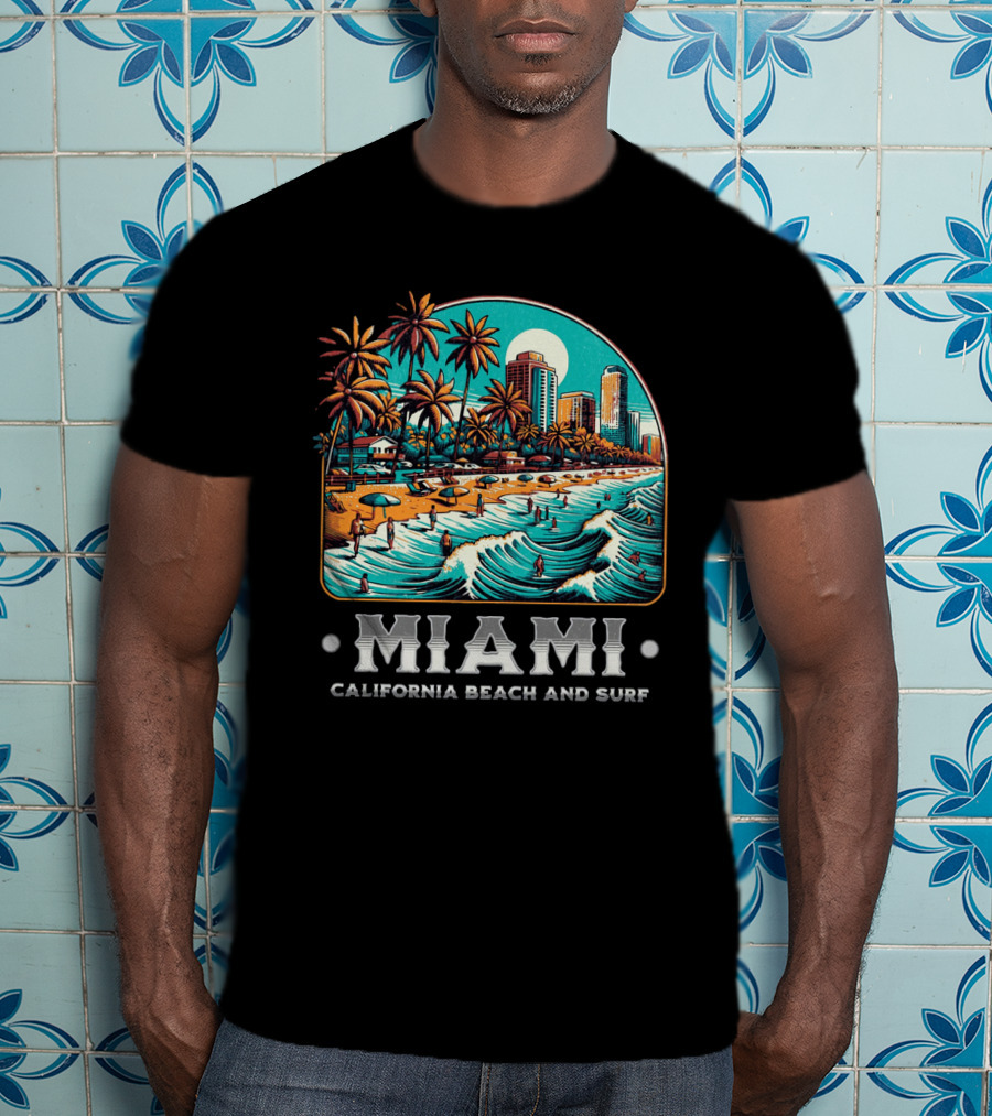 Miami Beach And Surf California Palm Skyline Ocean Waves T-Shirt