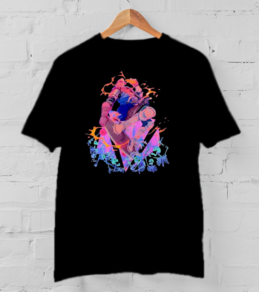 Skateboard Knight Neon Fantasy Warrior On Shredding Skeletons T-Shirt