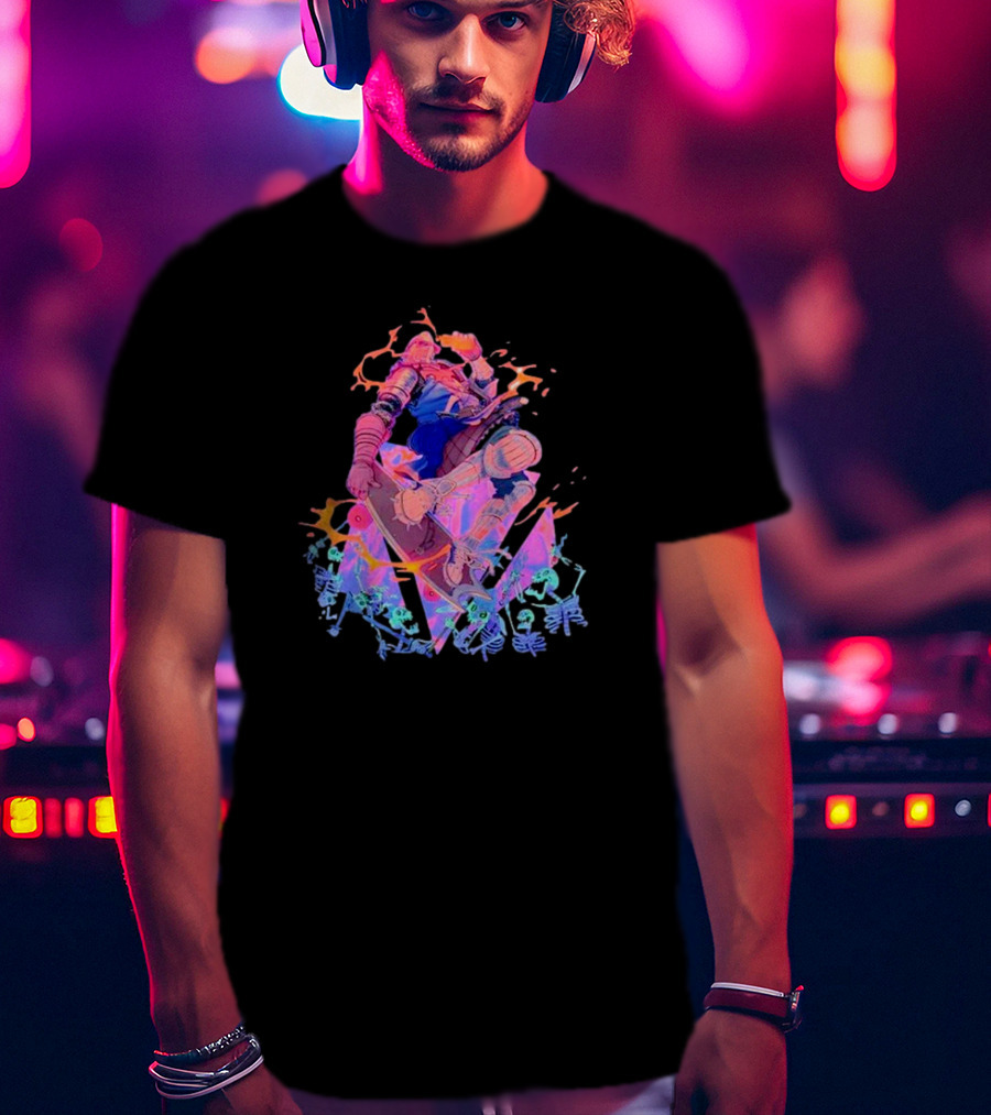 Skateboard Knight Neon Fantasy Warrior On Shredding Skeletons T-Shirt