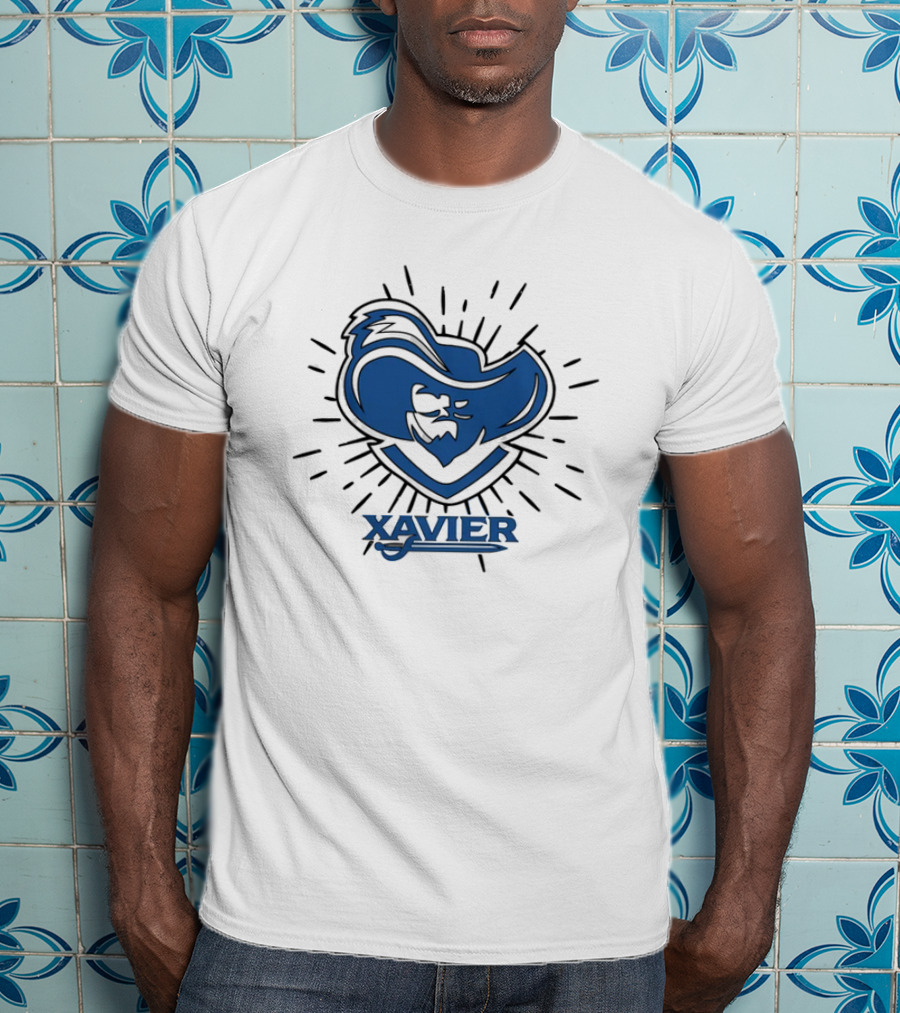 Xavier Musketeer Bold Blue Emblem With Radiating Lines T-Shirt