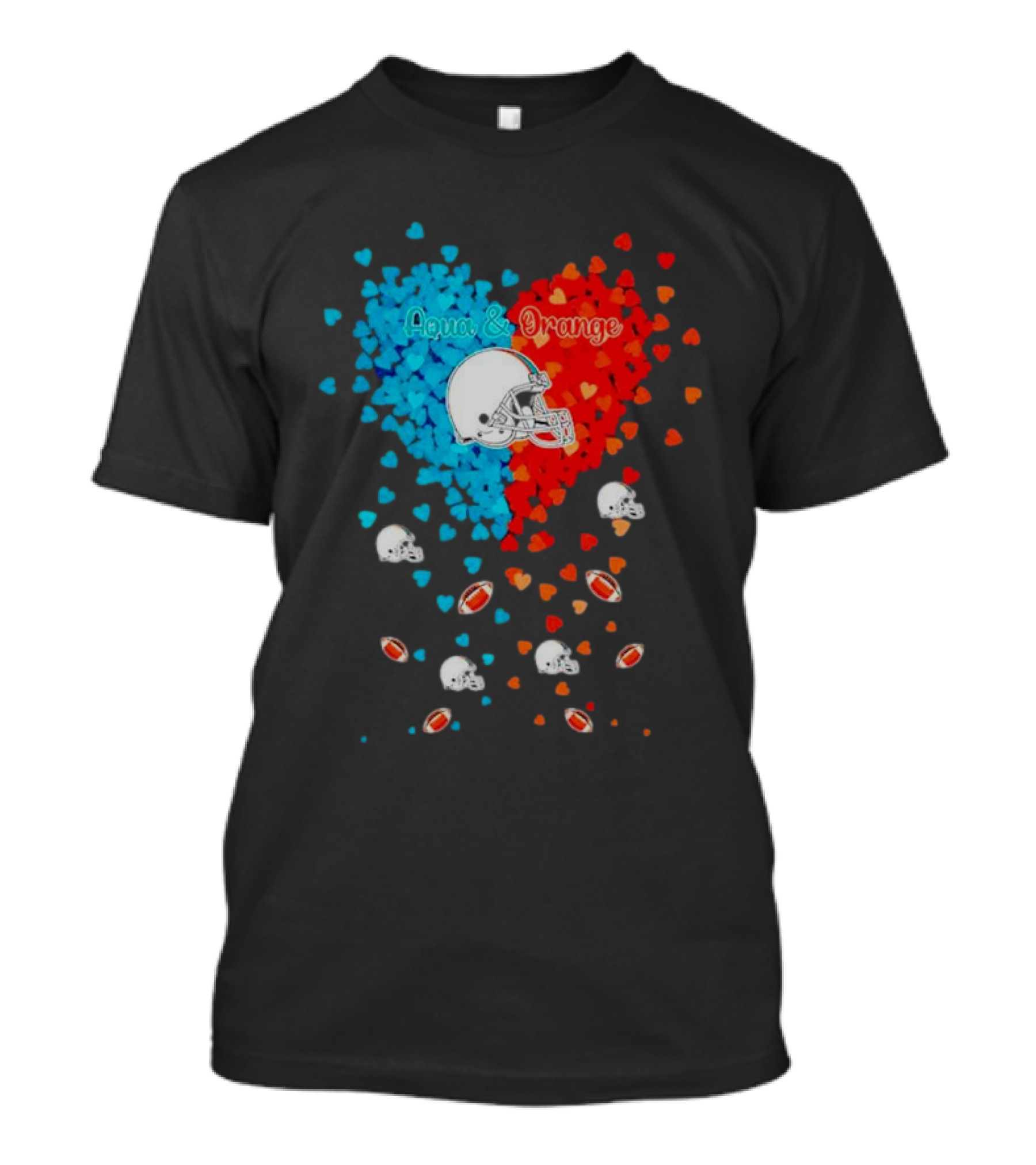 Aqua And Orange Miami Dolphins Hearts And Helmets Football T-Shirt
