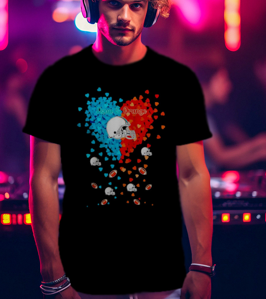 Aqua And Orange Miami Dolphins Hearts And Helmets Football T-Shirt
