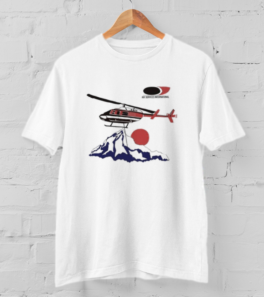 Air Services International Helicopter Over Mountain And Red Sun T-Shirt
