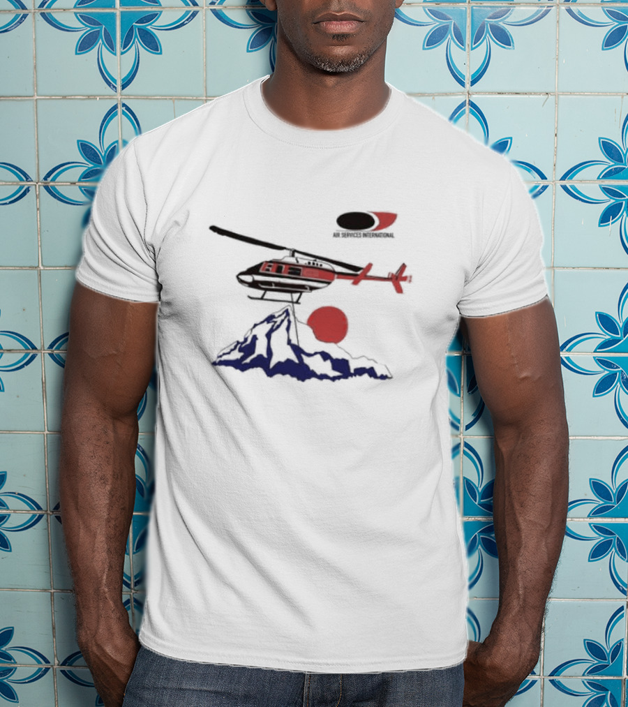 Air Services International Helicopter Over Mountain And Red Sun T-Shirt