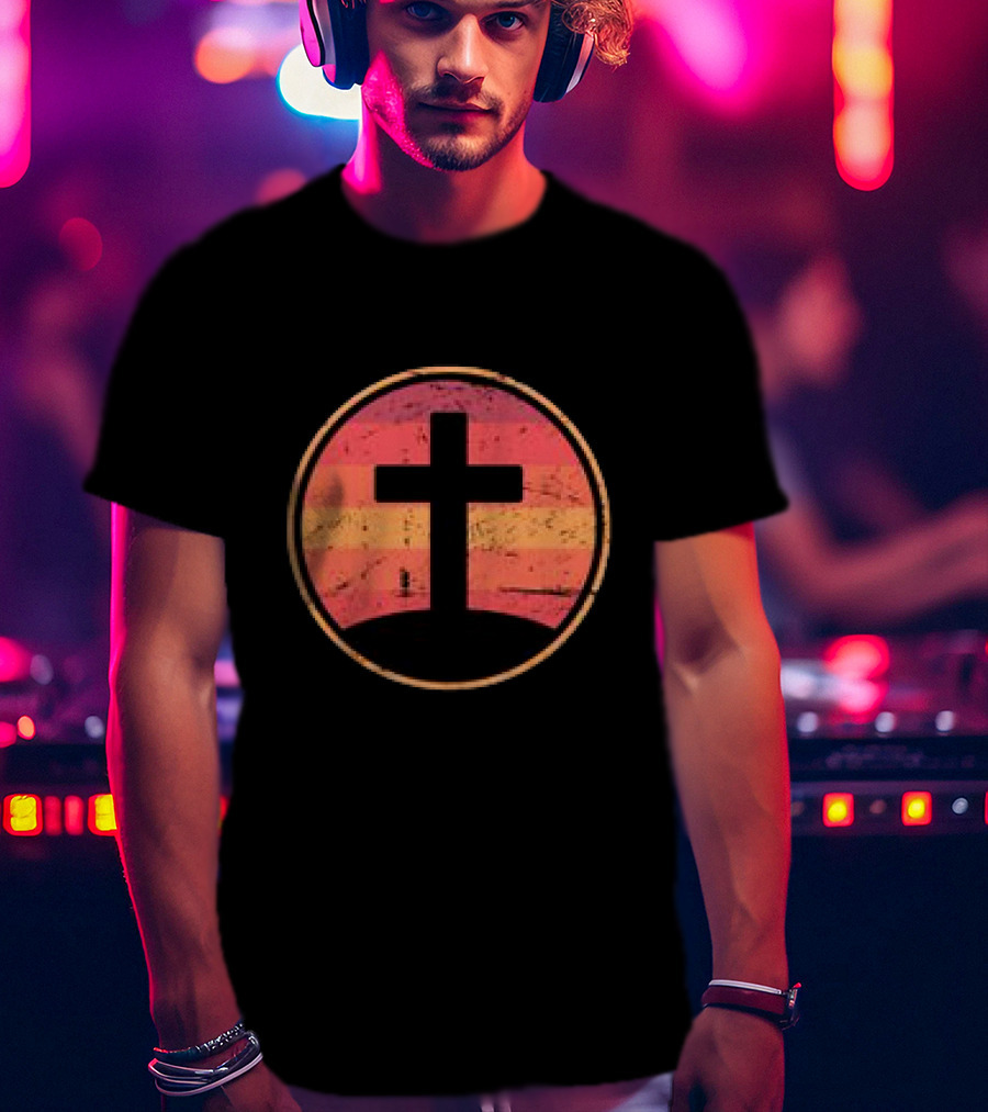 Retro Christian Cross Vintage Sunset On Champion T-Shirt