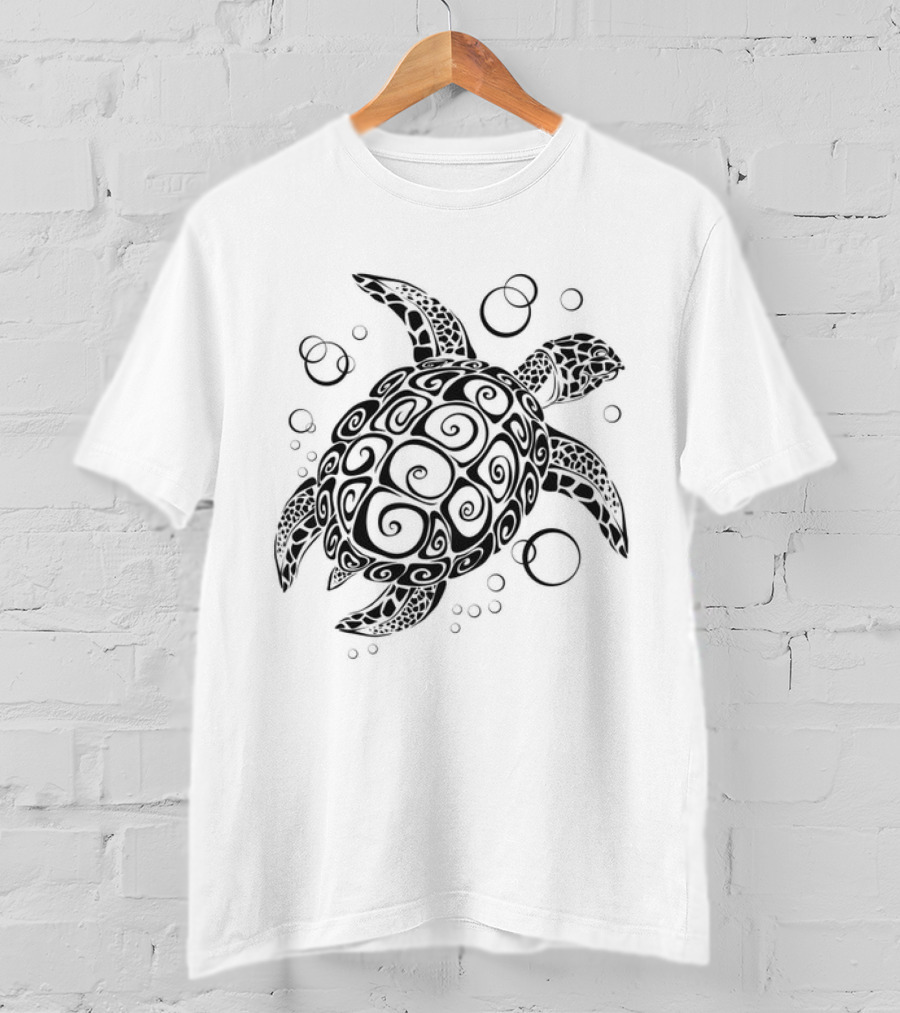 Sea Turtle Tribal Pattern With Bubbles T-Shirt
