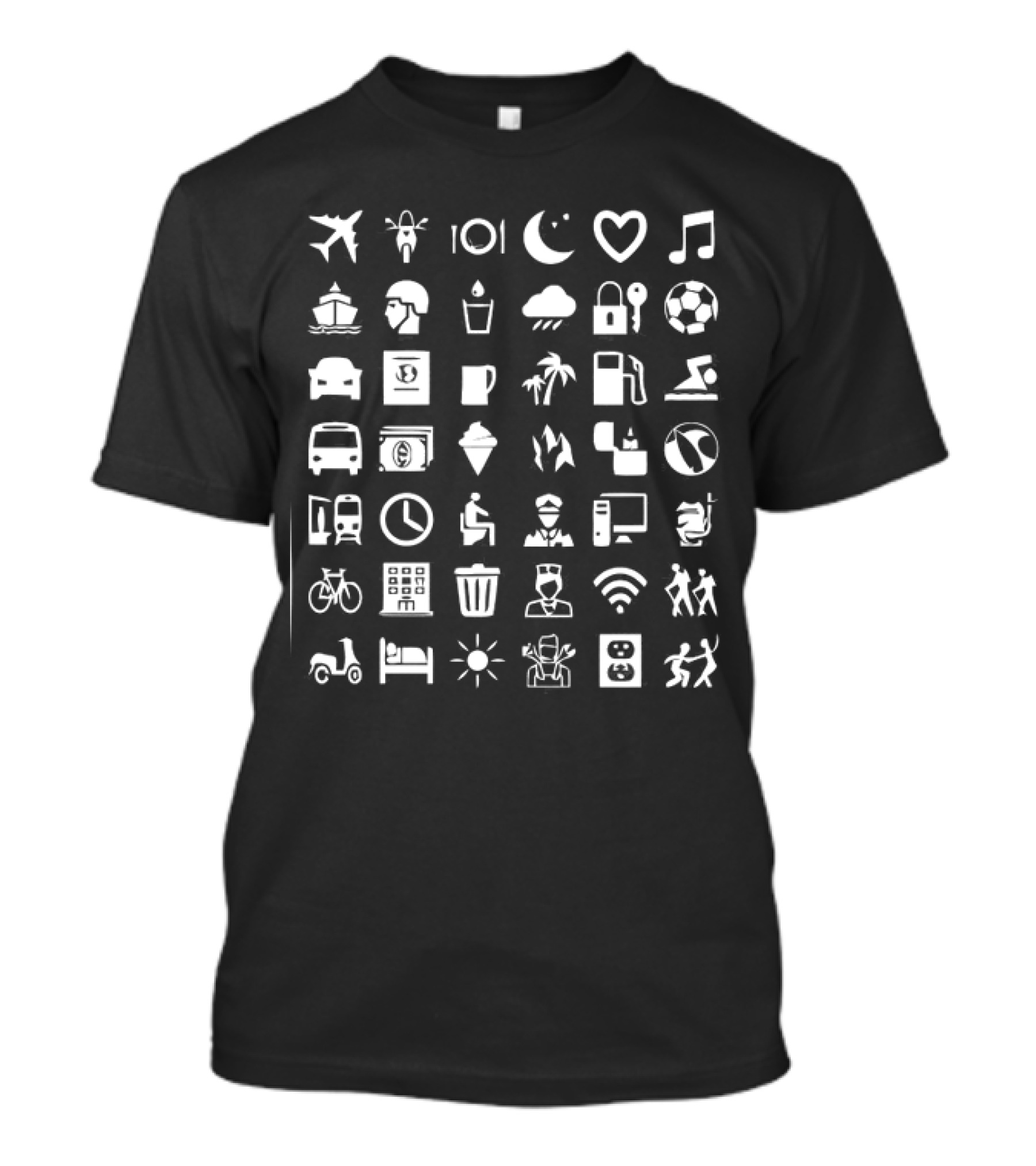 Symbol Travel Icons Airplane Music Bicycle Coffee Mug WiFi Soccer Bed Scooter Sun Plug Adventure T-Shirt