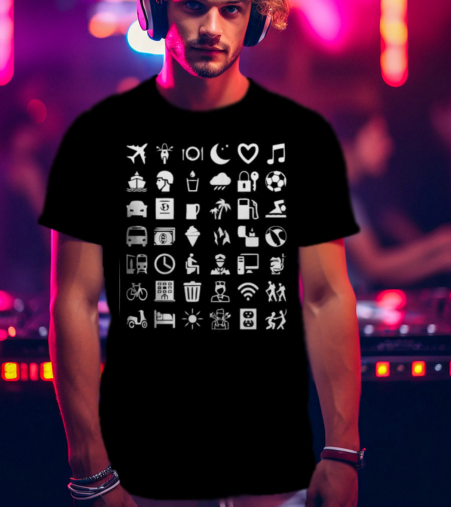 Symbol Travel Icons Airplane Music Bicycle Coffee Mug WiFi Soccer Bed Scooter Sun Plug Adventure T-Shirt
