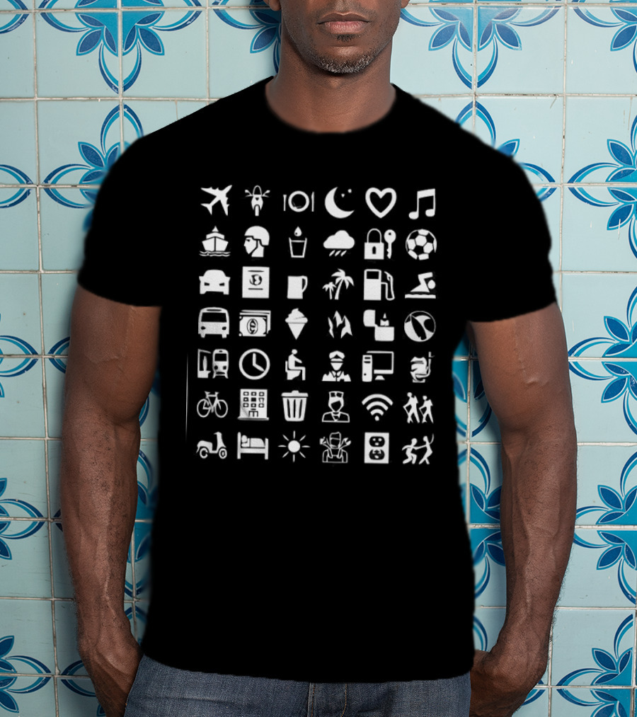 Symbol Travel Icons Airplane Music Bicycle Coffee Mug WiFi Soccer Bed Scooter Sun Plug Adventure T-Shirt