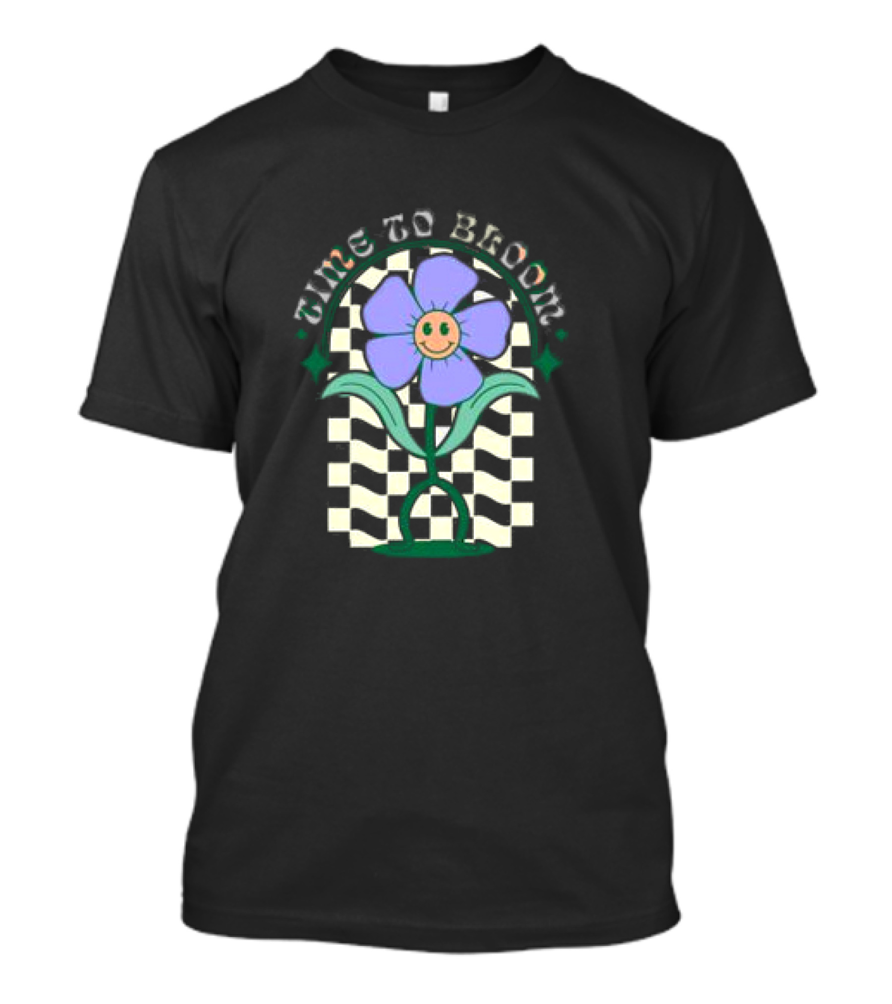 Time To Bloom Flower With Checkerboard Background And Smiley Face T-Shirt