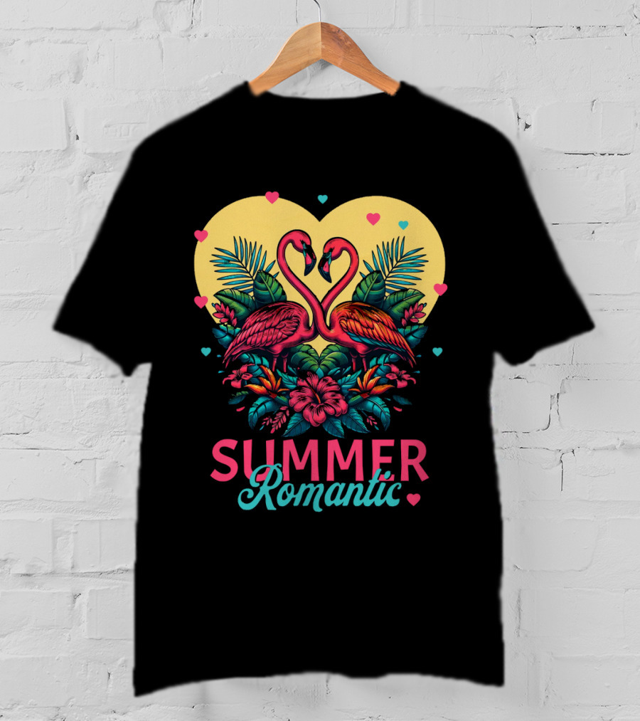 Summer Romantic Flamingo Birds Love Heart And Tropical Flowers T-Shirt