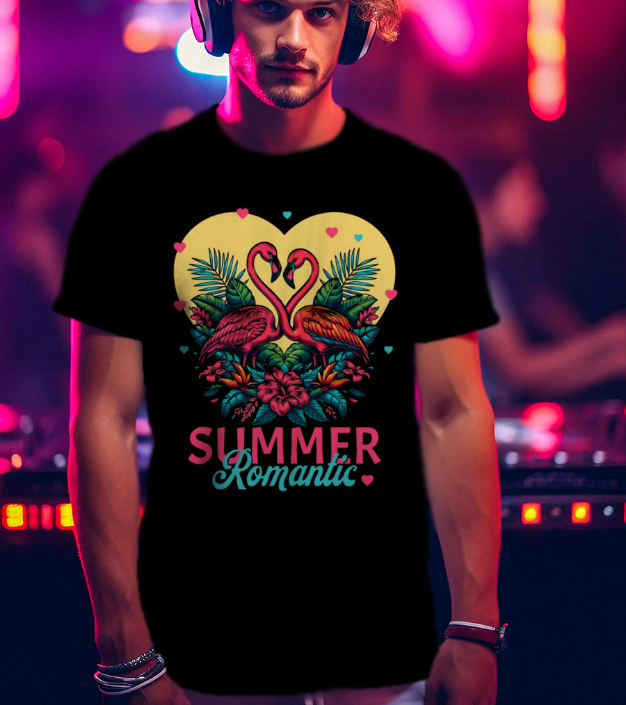 Summer Romantic Flamingo Birds Love Heart And Tropical Flowers T-Shirt