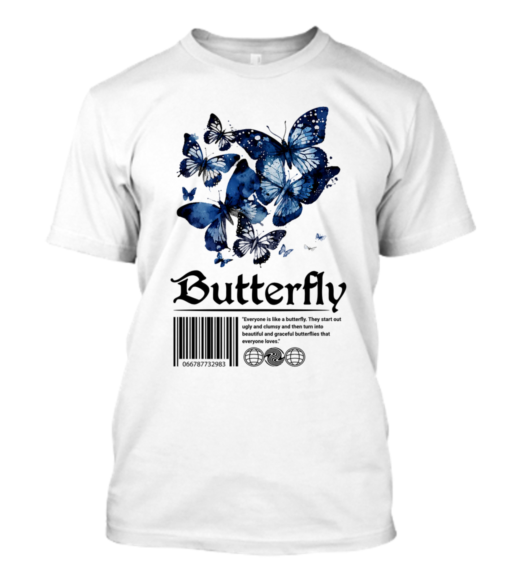 Butterfly Minimal Elegant Blue Watercolor Theme With Graceful Quote And Barcode T-Shirt