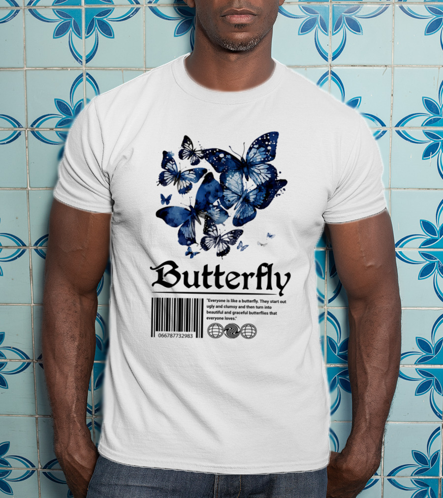 Butterfly Minimal Elegant Blue Watercolor Theme With Graceful Quote And Barcode T-Shirt