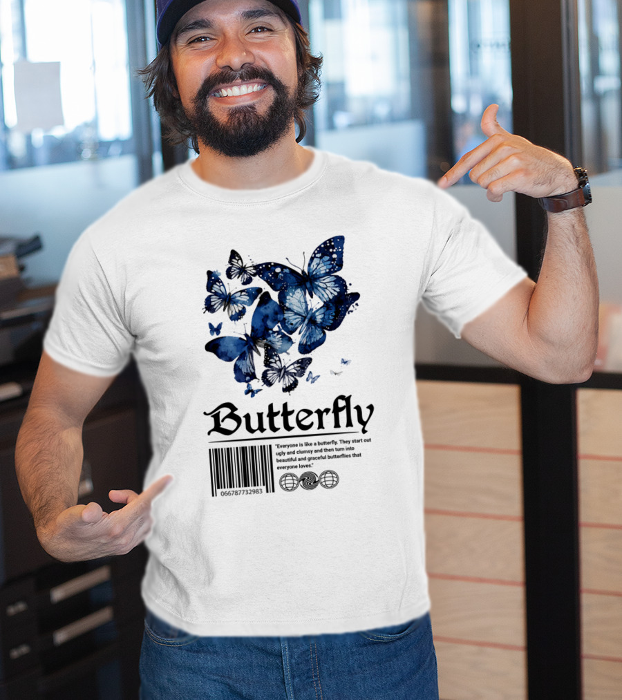 Butterfly Minimal Elegant Blue Watercolor Theme With Graceful Quote And Barcode T-Shirt